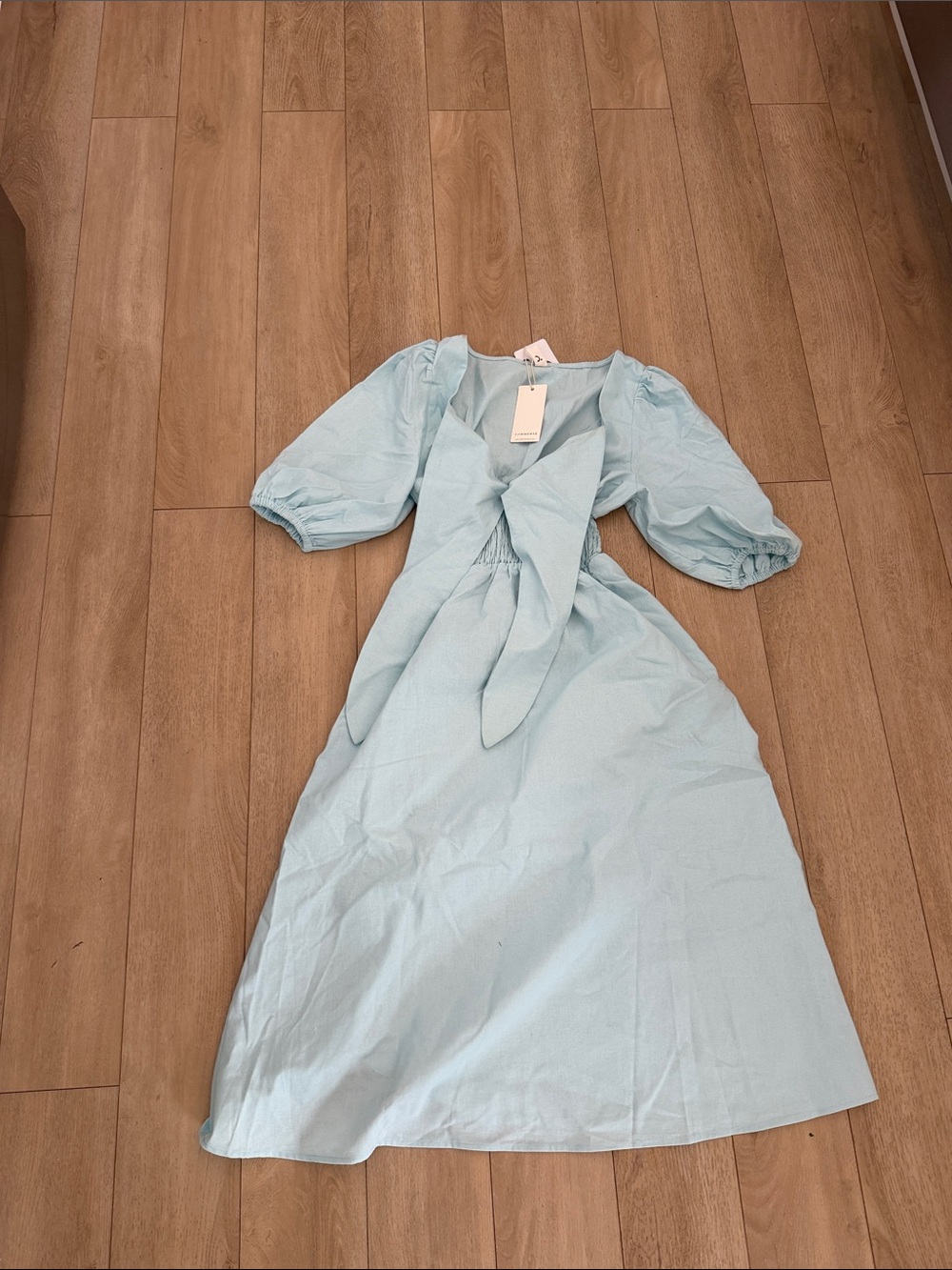Light Blue Puff-Sleeve Midi Dress with Front Tie NWT